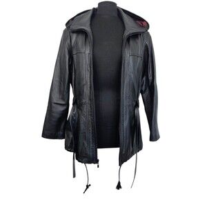 Vintage Y2K Wilsons Thinsulate Lined Belted Hooded Black Leather Jacket Womens L